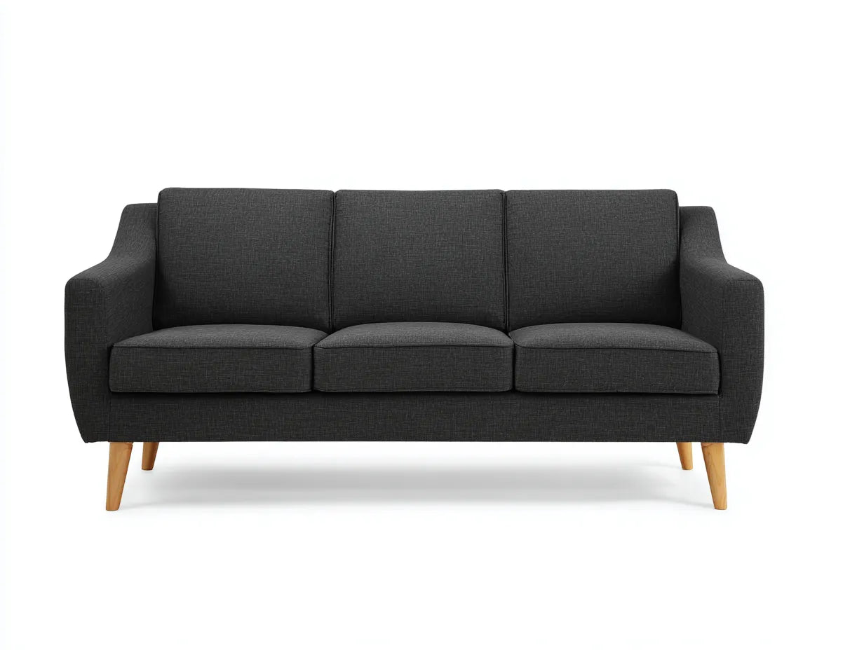 Sofá de 3 plazas tapizado 224×93×90 cm - gris grafito y madera clara - brazos inclinados con respaldo alto