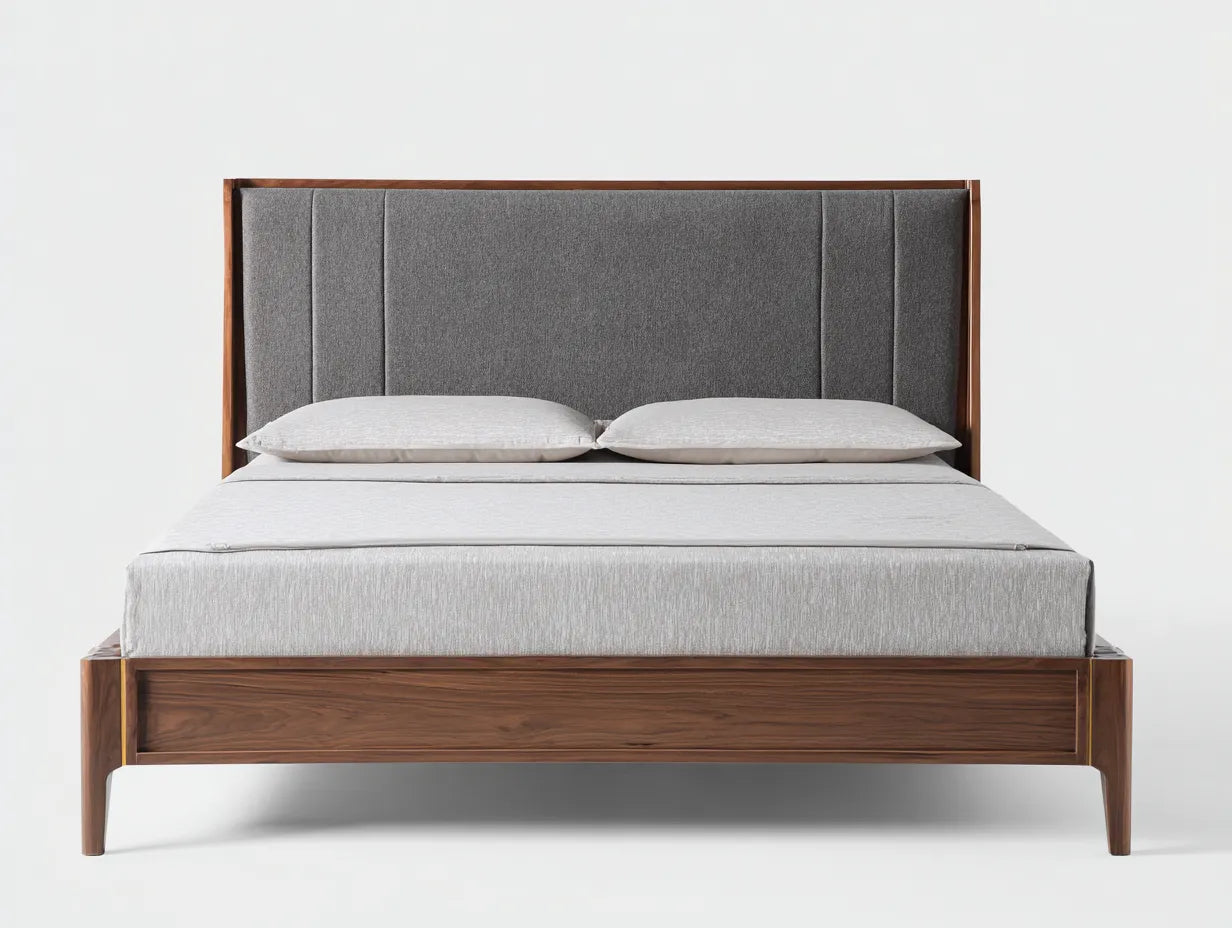 Cama doble de madera 214 x 170 x 108 cm - nogal oscuro y gris medio - cabecero tapizado enmarcado