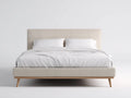 Cama doble tapizada 210×166×114 cm - beige y roble claro - cabecero liso con laterales curvos