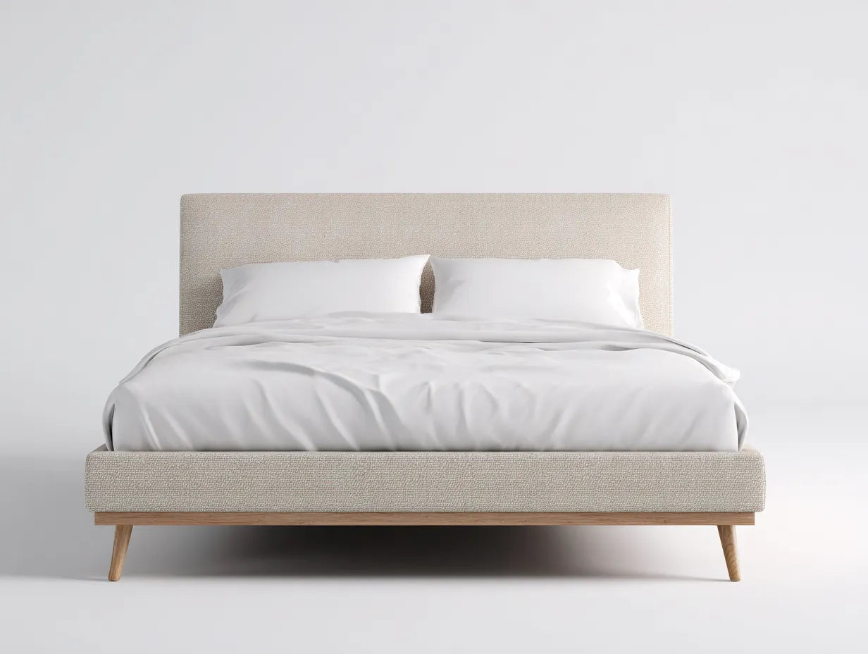 Cama doble tapizada 210×166×114 cm - beige y roble claro - cabecero liso con laterales curvos