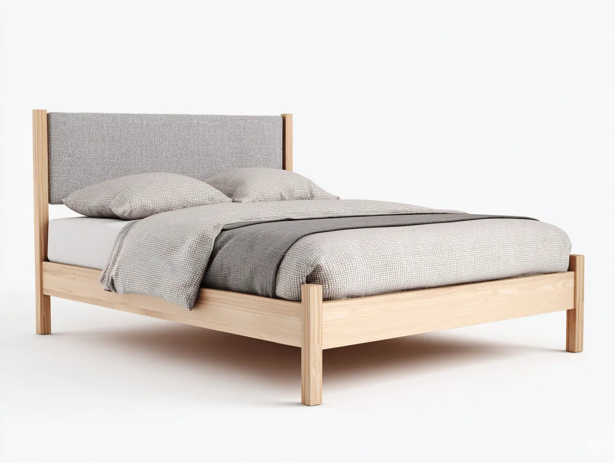 Cama doble de madera 211 x 168 x 110 cm - roble natural y gris medio - cabecero enmarcado