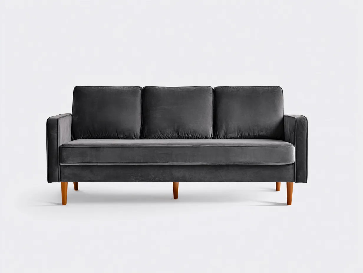 Sofá de 3 plazas tapizado 218×91×88 cm - gris antracita y madera natural - brazos curvos con asiento dividido