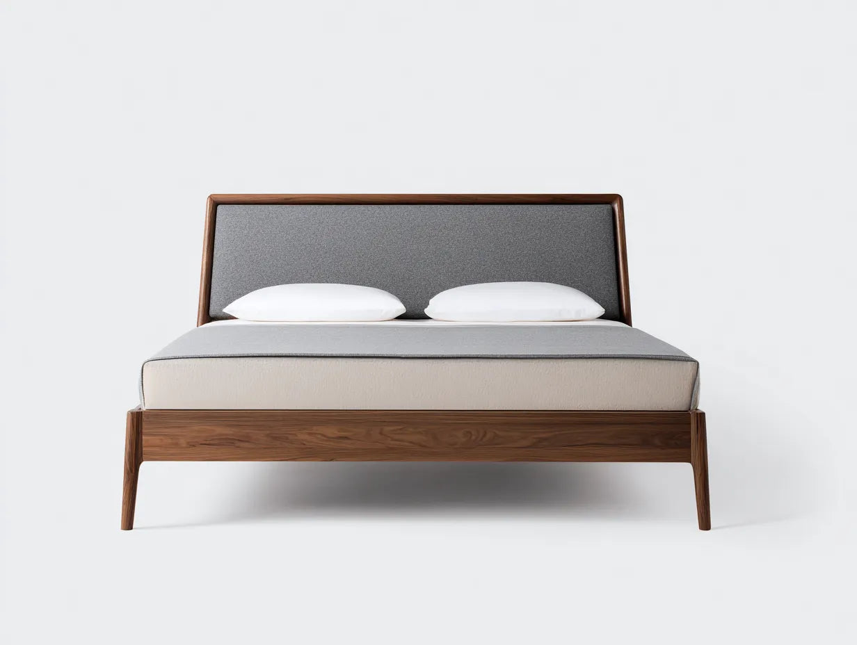 Cama doble de madera 214 x 171 x 109 cm - nogal oscuro y gris antracita - cabecero curvo tapizado
