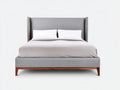Cama doble de madera 205×155×110 cm - roble claro y gris - cabecero tapizado para dormitorio