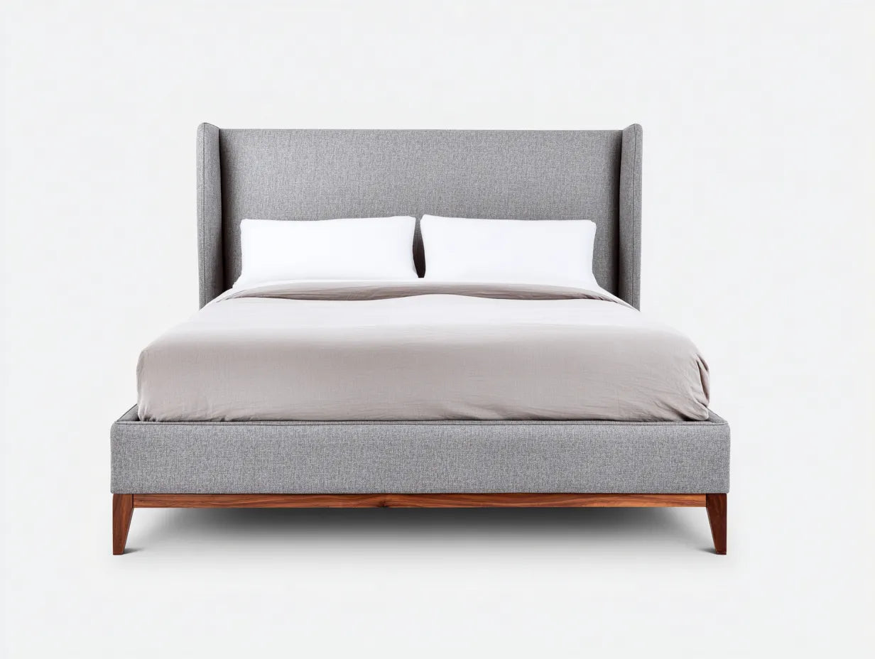 Cama doble de madera 205×155×110 cm - roble claro y gris - cabecero tapizado para dormitorio