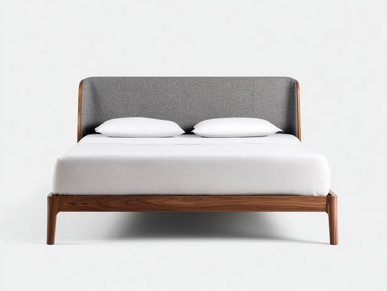 Cama doble de madera 213 x 169 x 102 cm - nogal rojizo y gris topo - cabecero doble tapizado