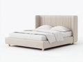 Cama doble tapizada 208×164×106 cm - beige claro y madera natural - perfil bajo minimalista