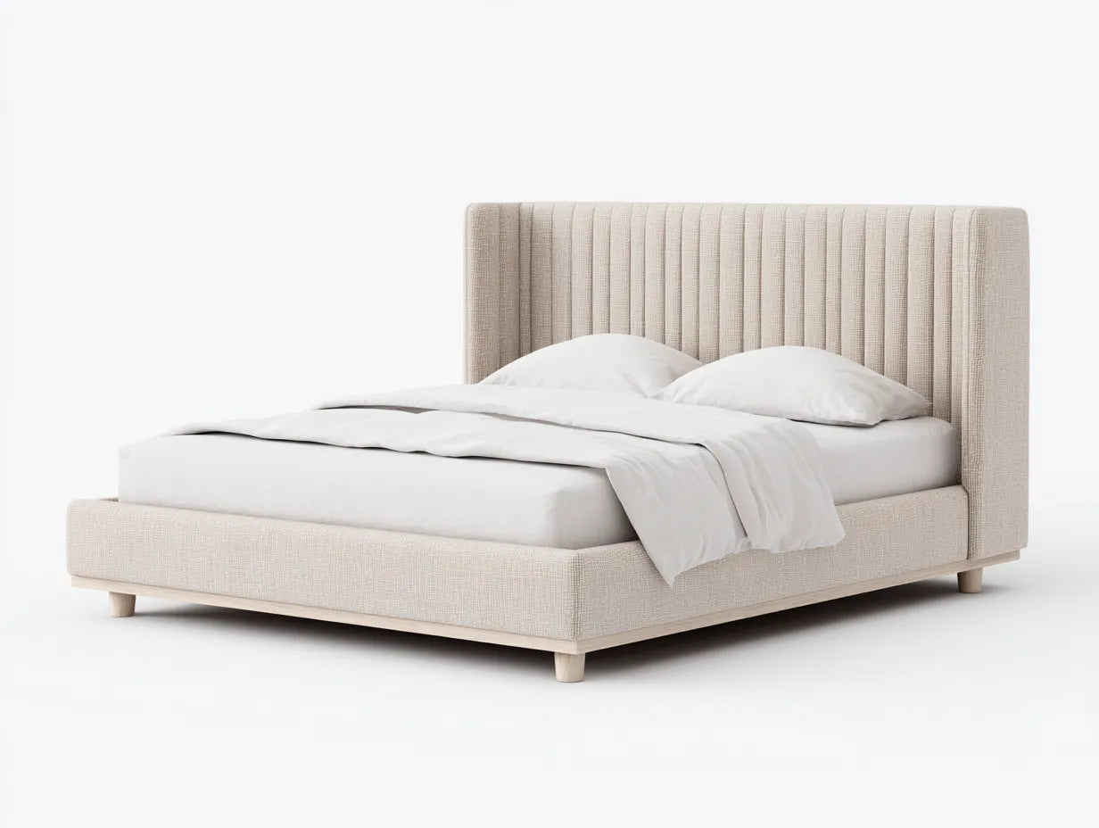 Cama doble tapizada 208×164×106 cm - beige claro y madera natural - perfil bajo minimalista