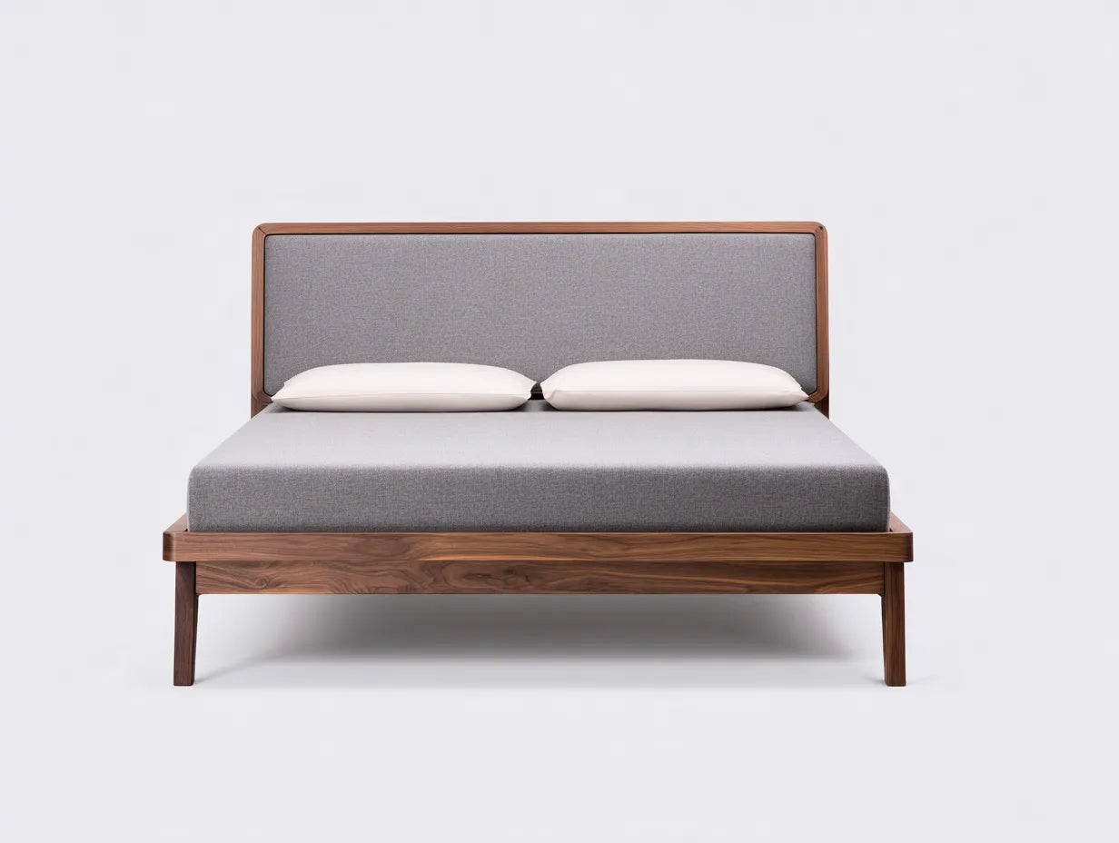 Cama doble de madera 212 x 168 x 106 cm - nogal rojizo y gris claro - base elevada con cabecero tapizado