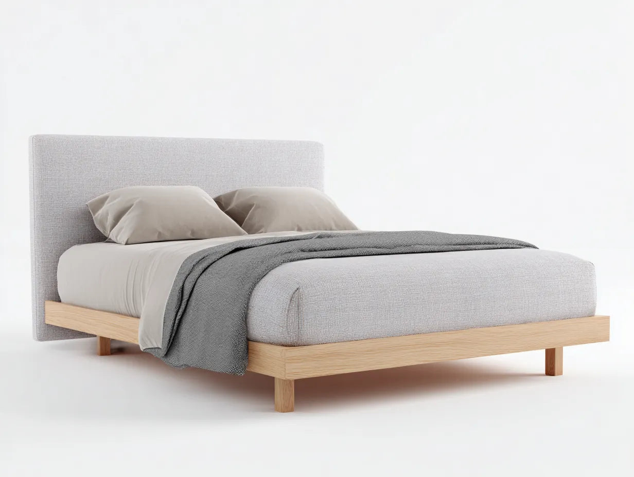 Cama doble de madera 213 x 169 x 112 cm - madera clara y gris piedra - postes elevados con piecero bajo
