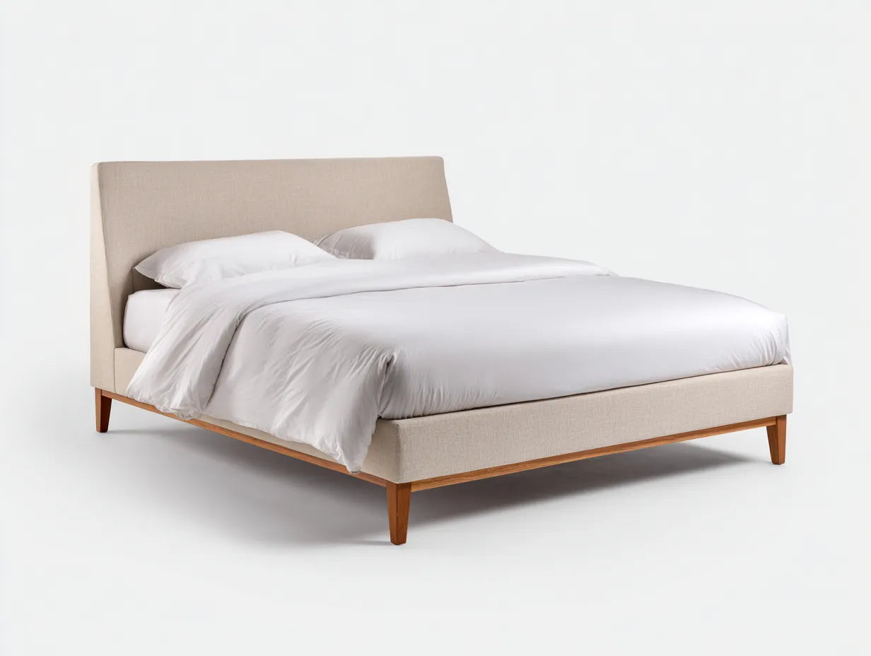 Cama matrimonial tapizada 216 x 176 x 112 cm - lino beige y roble claro - cabecero envolvente