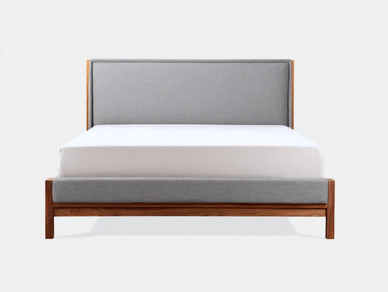 Cama tapizada doble 208 x 166 x 104 cm - gris claro y nogal - con cabecero alto para dormitorio