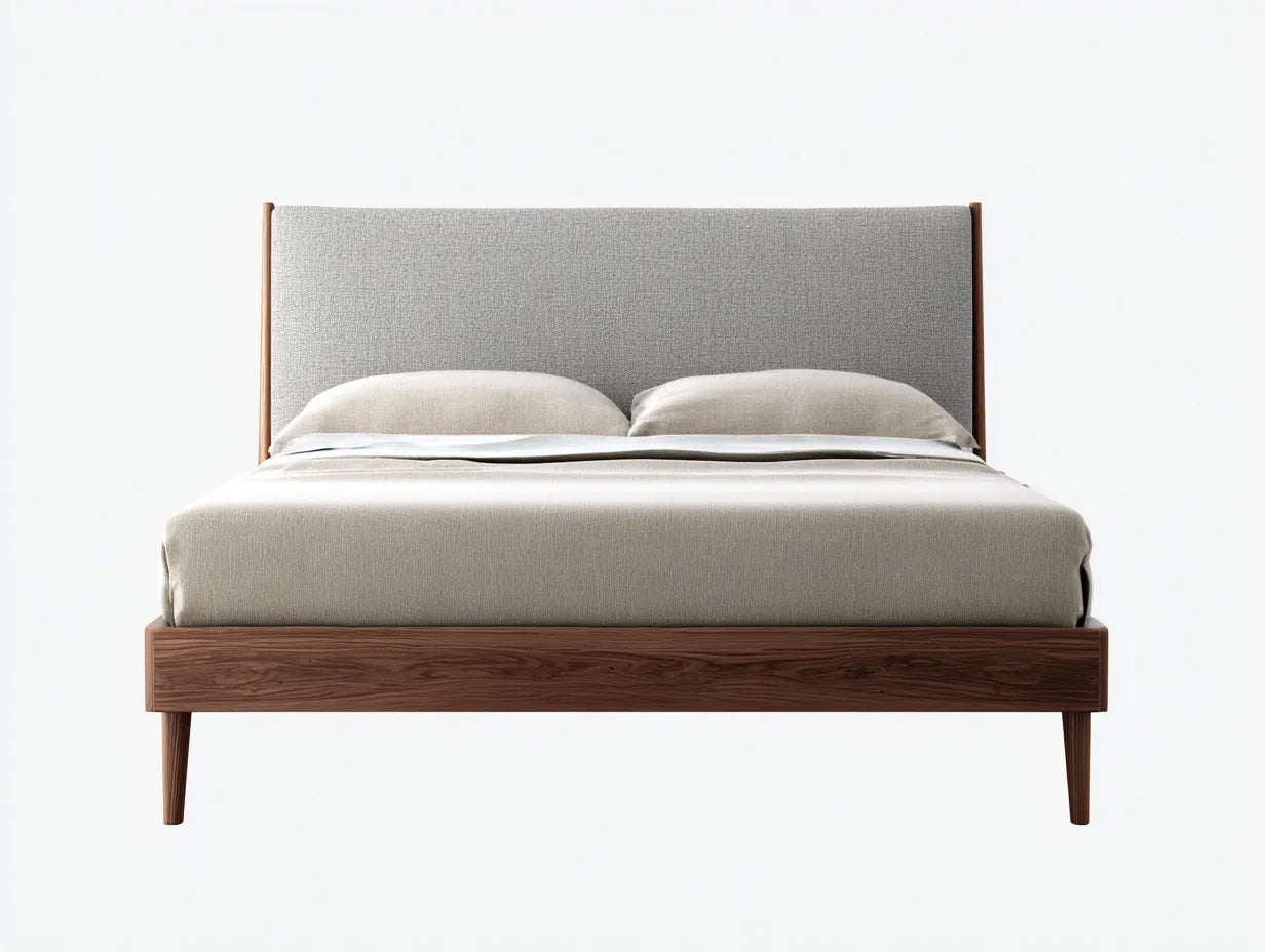 Cama doble de madera 210×165×108 cm - nogal - cabecero inclinado con listones horizontales