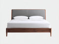 Cama doble de madera y tejido 210×165×112 cm - nogal y gris medio - cabecero acolchado con marco curvo