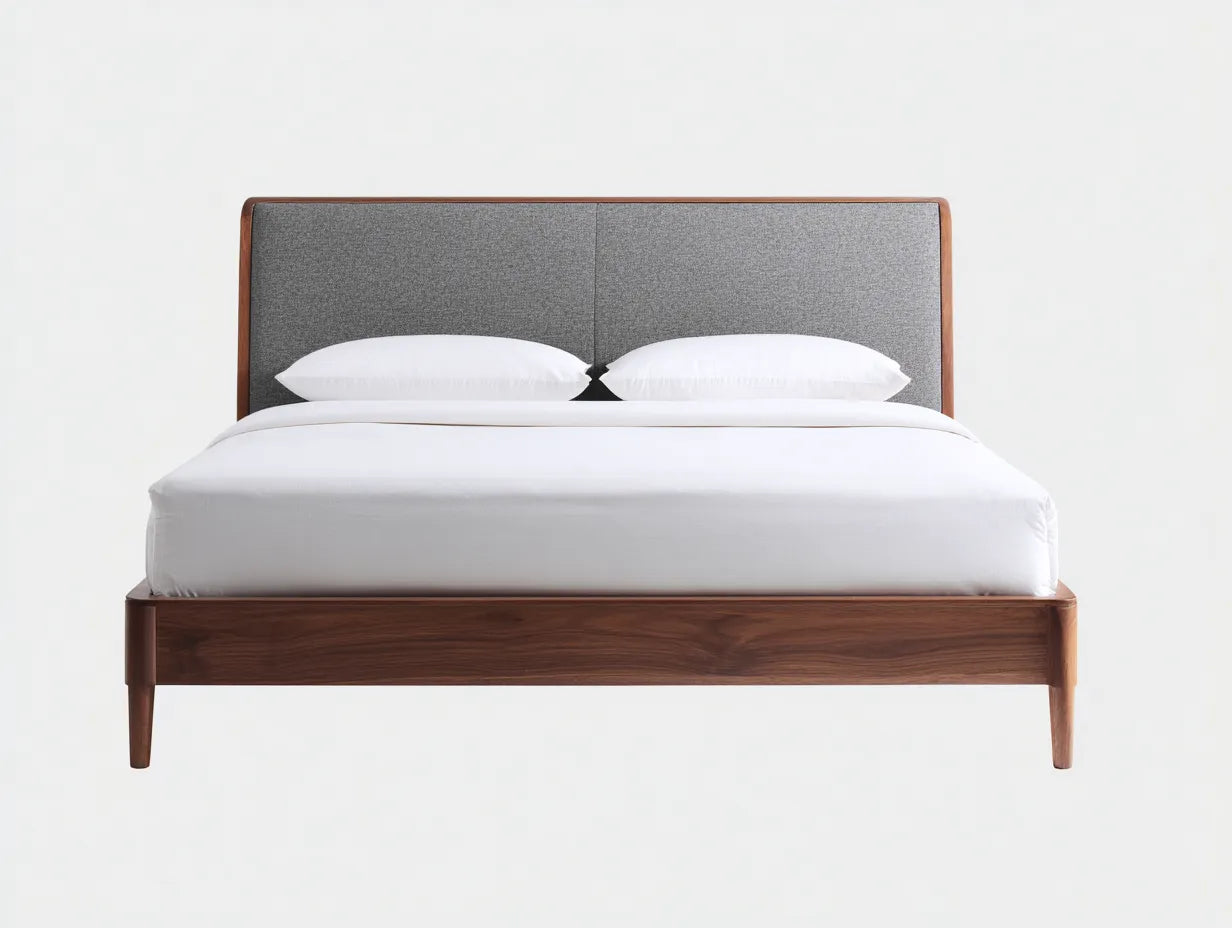 Cama doble de madera y tejido 210×165×112 cm - nogal y gris medio - cabecero acolchado con marco curvo