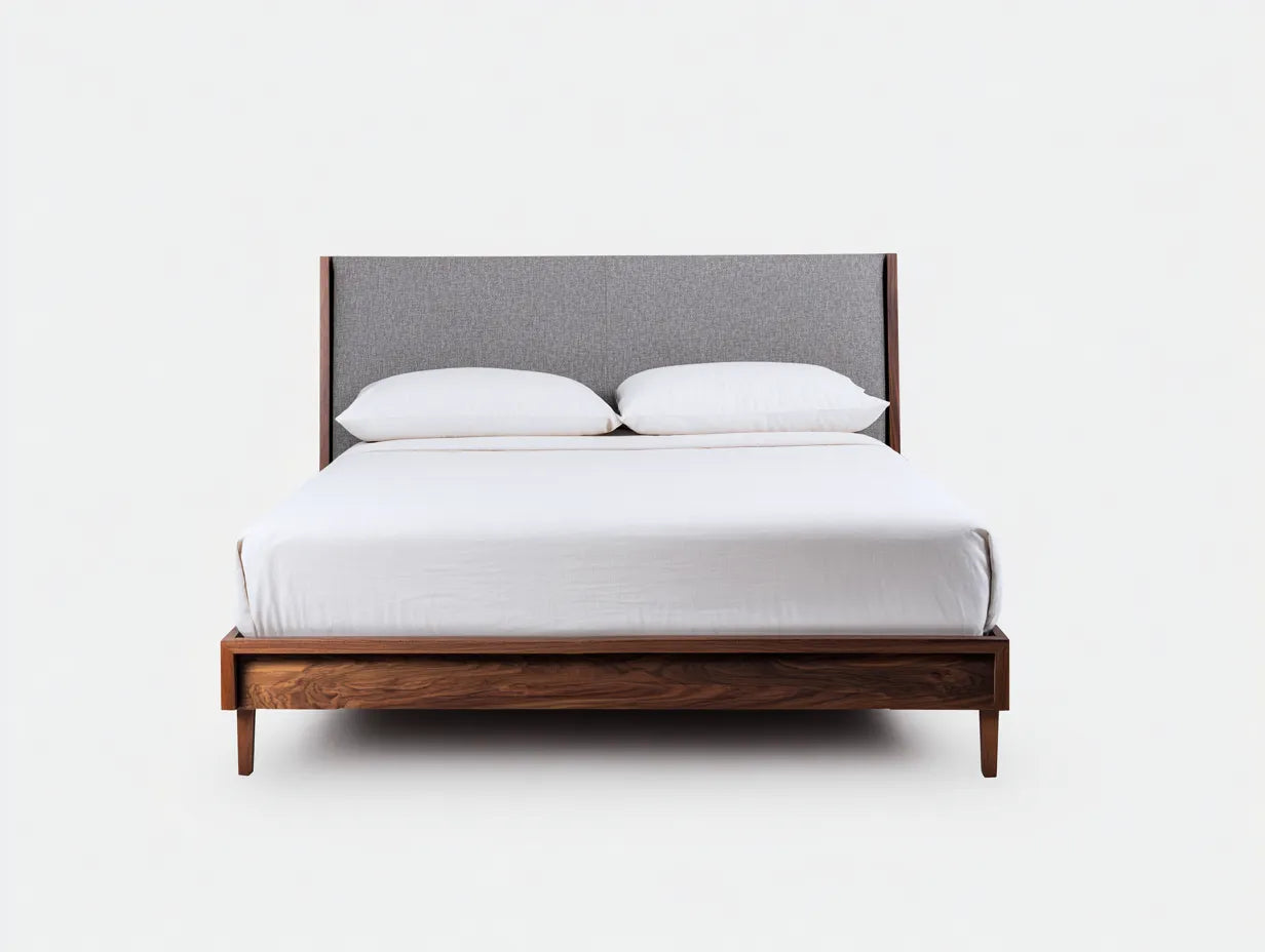 Cama doble de madera 212×166×116 cm - nogal y gris claro - cabecero textil ancho de líneas limpias