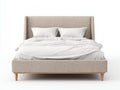 Cama doble tapizada 214×169×124 cm - beige y madera clara - cabecero acanalado alto