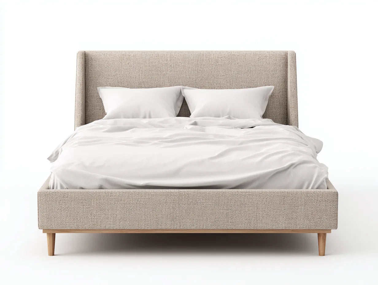 Cama doble tapizada 214×169×124 cm - beige y madera clara - cabecero acanalado alto