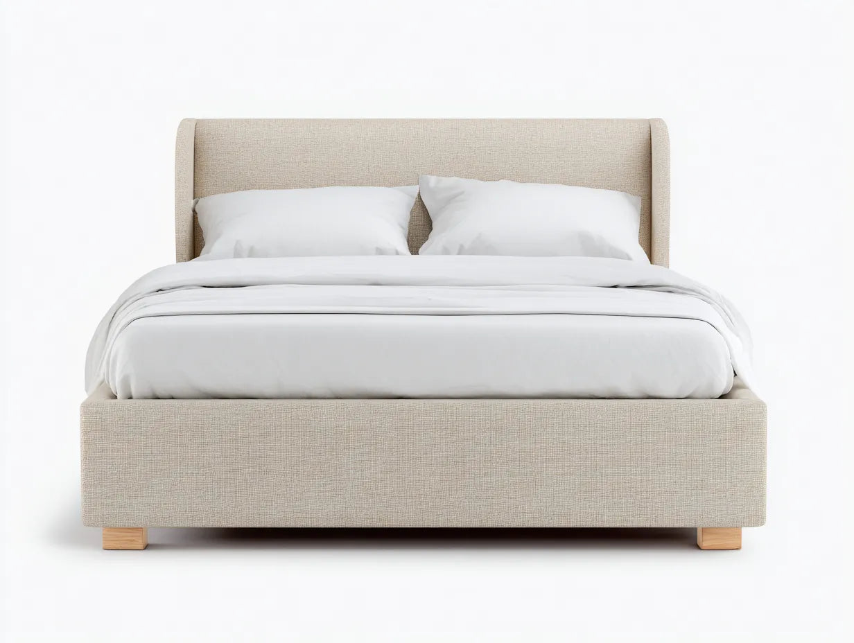 Cama doble tapizada 213 x 170 x 110 cm - beige crema y madera natural - cabecero curvo