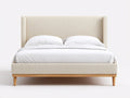 Cama doble tapizada 212×168×122 cm - beige y madera natural - cabecero capitoné envolvente