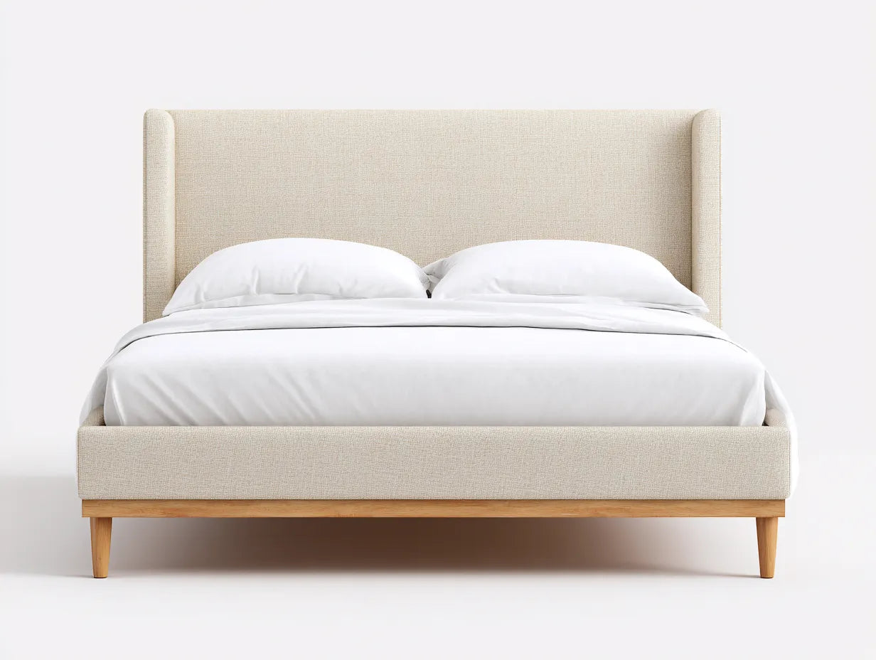 Cama doble tapizada 212×168×122 cm - beige y madera natural - cabecero capitoné envolvente