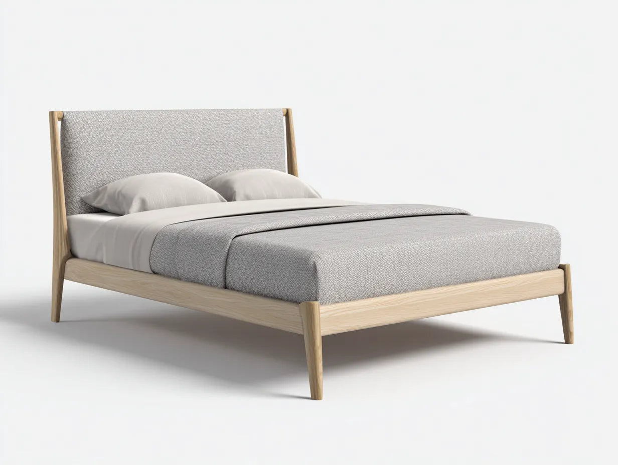 Cama doble tapizada 210×160×115 cm - gris claro y nogal - cabecero envolvente para dormitorio