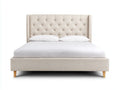 Cama doble tapizada 211×167×116 cm - beige y madera natural - cabecero envolvente liso
