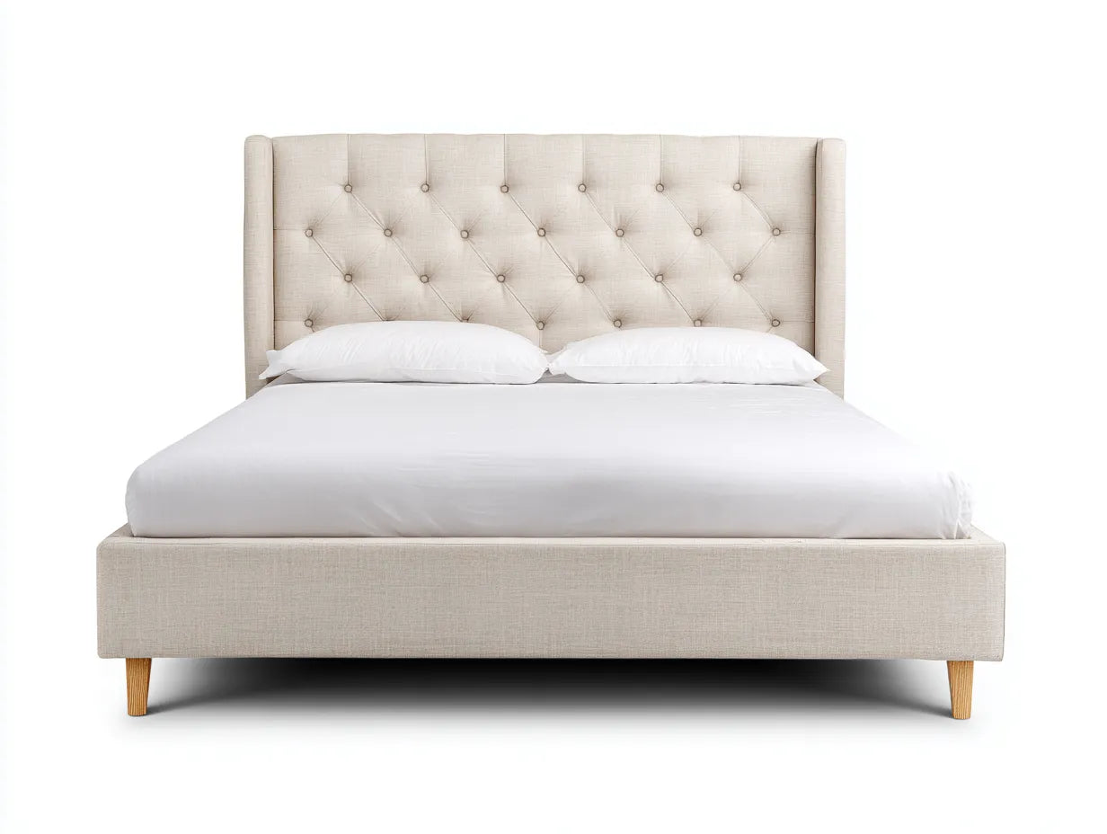 Cama doble tapizada 211×167×116 cm - beige y madera natural - cabecero envolvente liso