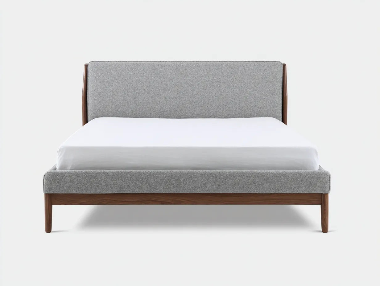 Cama de dormitorio en madera y tela 210 x 168 x 102 cm - gris perla y nogal medio - con marco recto tapizado