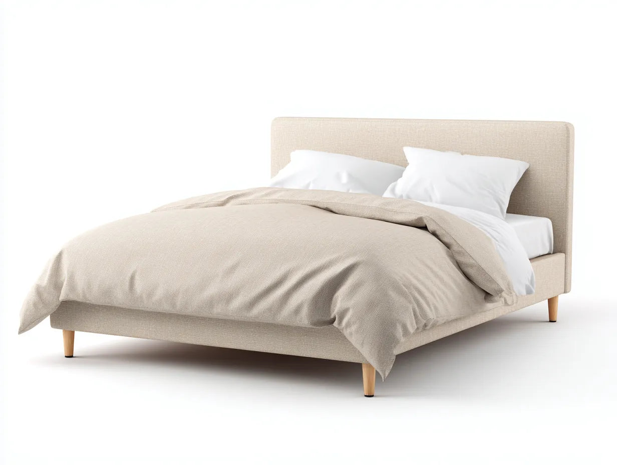 Cama doble tapizada 214 x 172 x 108 cm - beige claro y madera natural - cabecero curvo